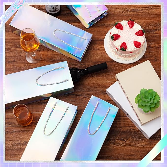 Dunzoom 12 Pcs Iridescent Summer Wine Gift Bags Bulk Holographic Wine Bottle Gift Bag with Handles 14 x 3 x 5 Inch Paper Goodie Bags Wine Bottle Gift Totes for Party Favor Christmas Wedding Birthday