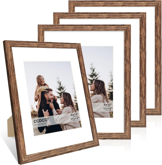 11x14 Picture Frame Set of 4, 11 x 14 Wood Photo Frames with Mat for 8x10, Natural Wooden Frame with Real Glass Cover for Wall and Tabletop Display,Rustic Brown