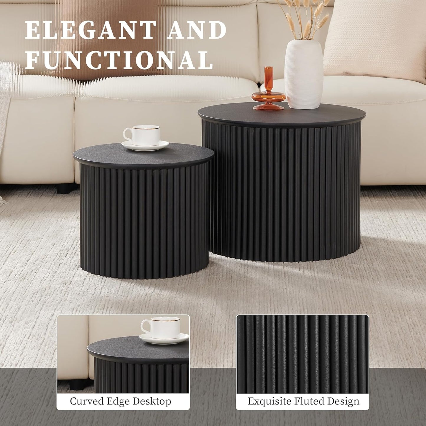 Small Fluted Round Nesting Coffee Table Set of 2, Mid Century Modern Coffee Table Circle Side Table, Wood Nesting Table Farmhouse End Tables Set for Living Room, Bedroom, Small Spaces(Black