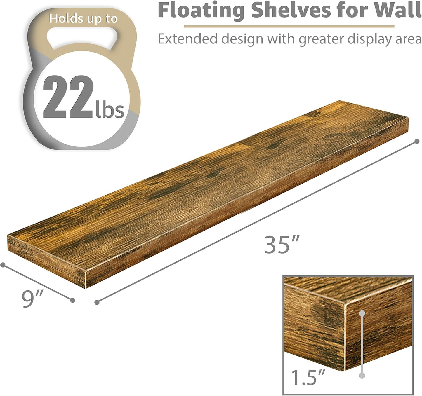 Sorbus Floating Shelves for Wall - 35 Inch Long Bathroom Shelves, Wall Decor for Bedroom, Kitchen, Living Room & Book Storage - Mounted Floating Shelf with Invisible Brackets (Rustic Brown, 2 Pack)