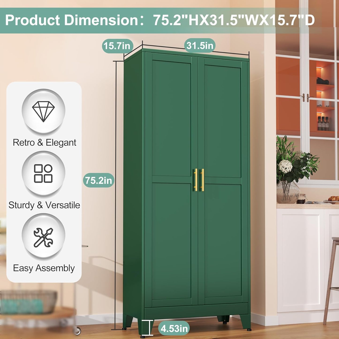 Metal Pantry Cabinet with 2 Doors and 5 Adjustable Shelves, 75" Kitchen Storage Cabinet with Gold Handles, Versatile Storage for Laundry, Living, Bathroom, Dining, Utility Room - Green