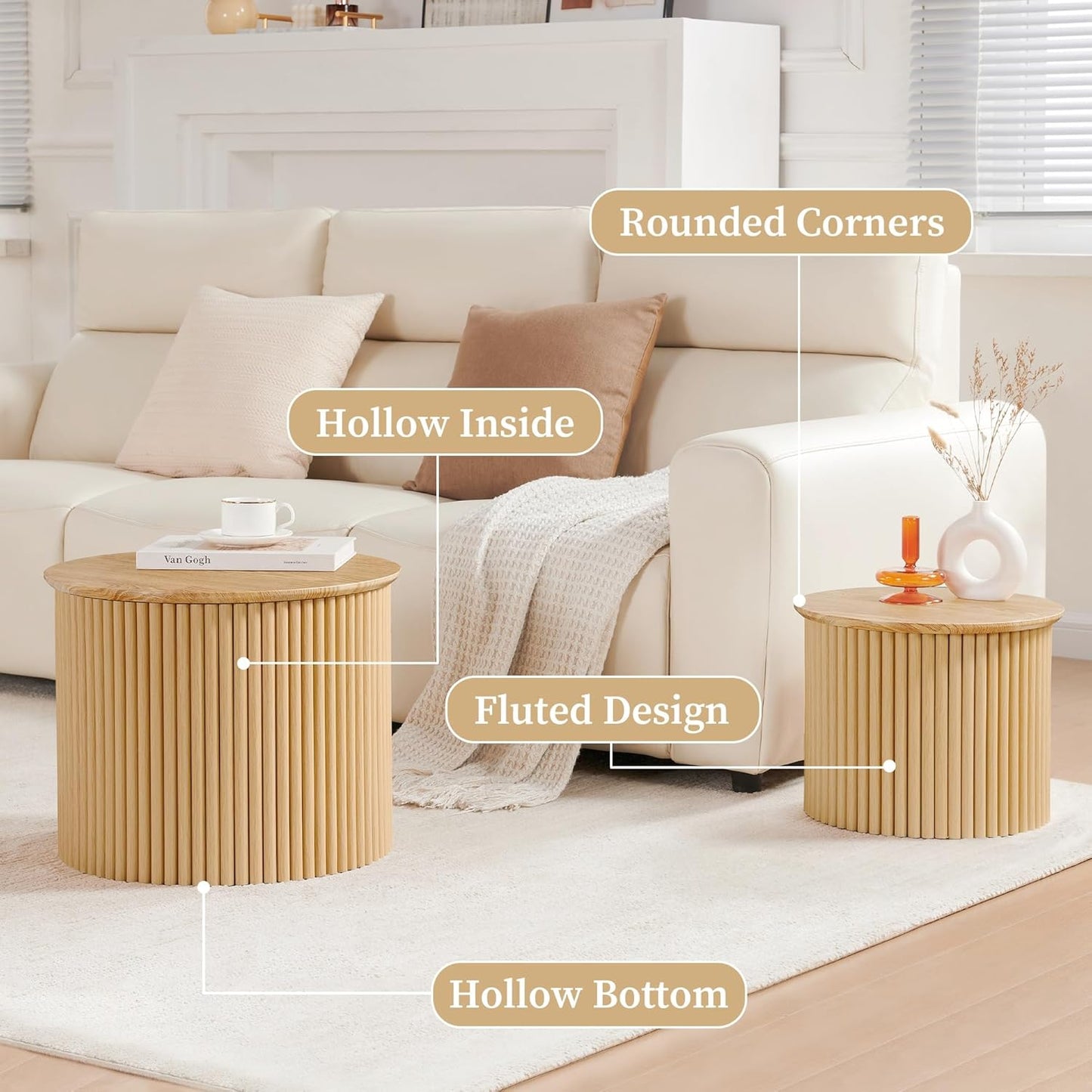 Fluted Round Nesting Coffee Table Set of 2, Small Coffee Table Circle Side Table, Boho Modern Wood Nesting Table Farmhouse End Tables Set for Living Room, Bedroom, Small Spaces(Natural)