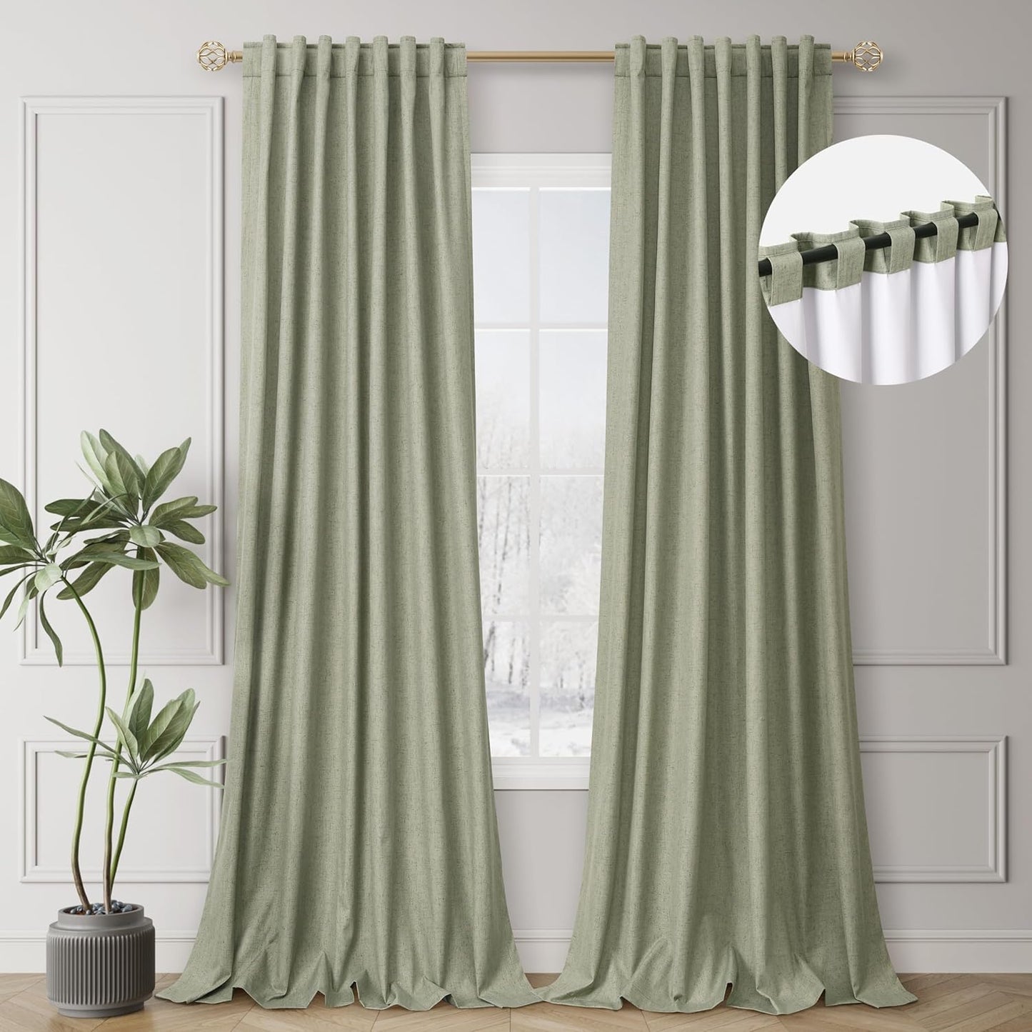 BOODII Sage Green Darkening Curtains 96 Inches Long for Living Room Back Tab Blue Blackout Curtains Neutral Aesthetic Linen Textured Thermal Insulated Black Out Curtain Light Blocking Drapes Nursery
