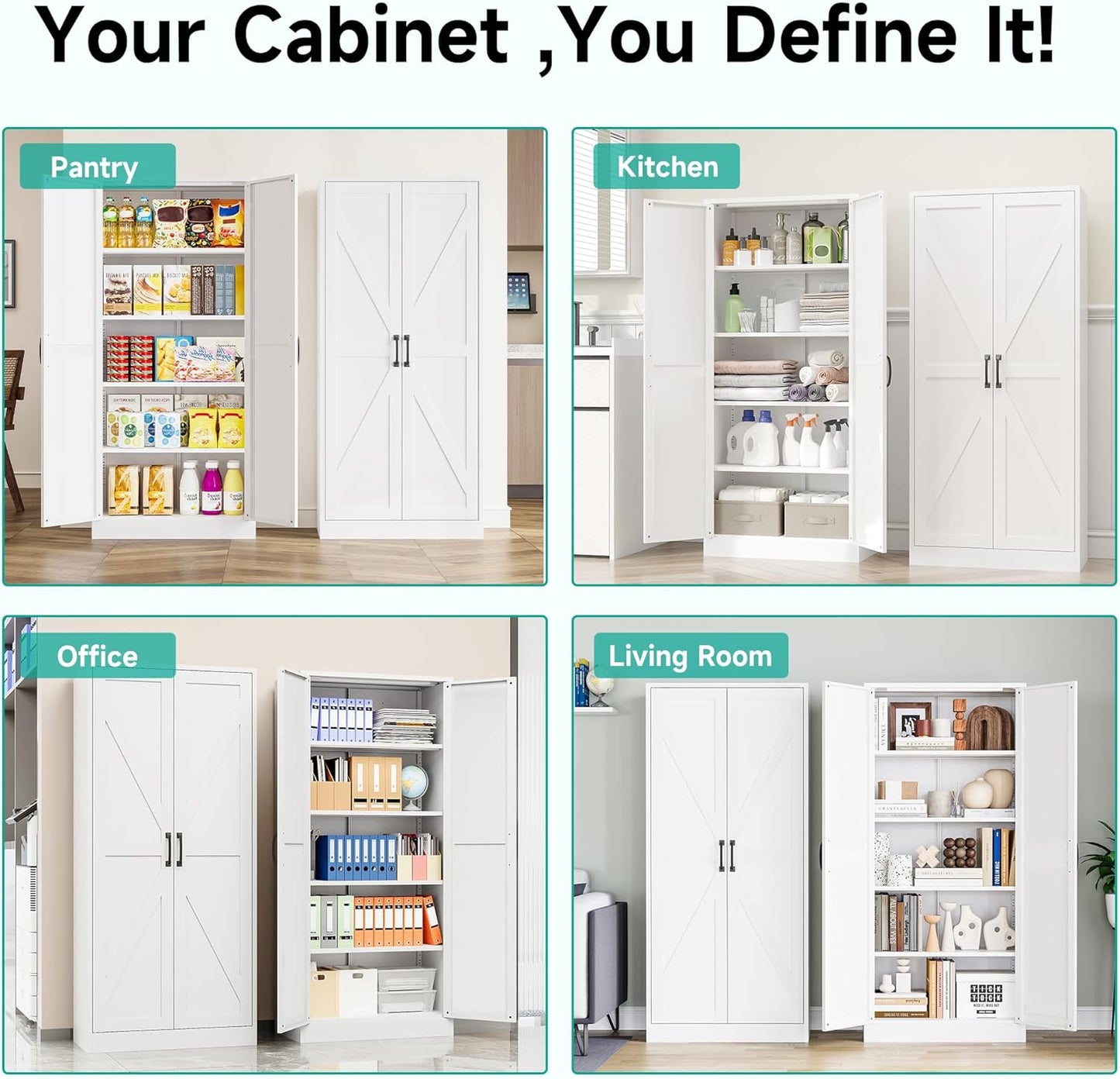 SISESOL Metal Storage Cabinet with 2 Doors and 5 Shelves,61 inch White Pantry Storage Cabinet,Large Farmhouse Pantry Cupboard for Home,Kitchen,Dining/Living Room