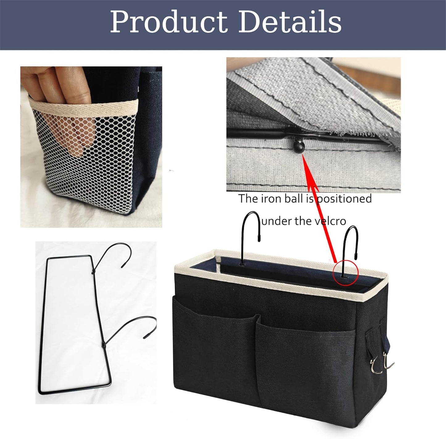 Bedside Caddy/Bedside Hanging Storage Bag Multi-Function Caddy for Bunk bed Hospital Beds Dorm Bed Rails, Holders Books Glasses Phones Magazine（2pc Black）