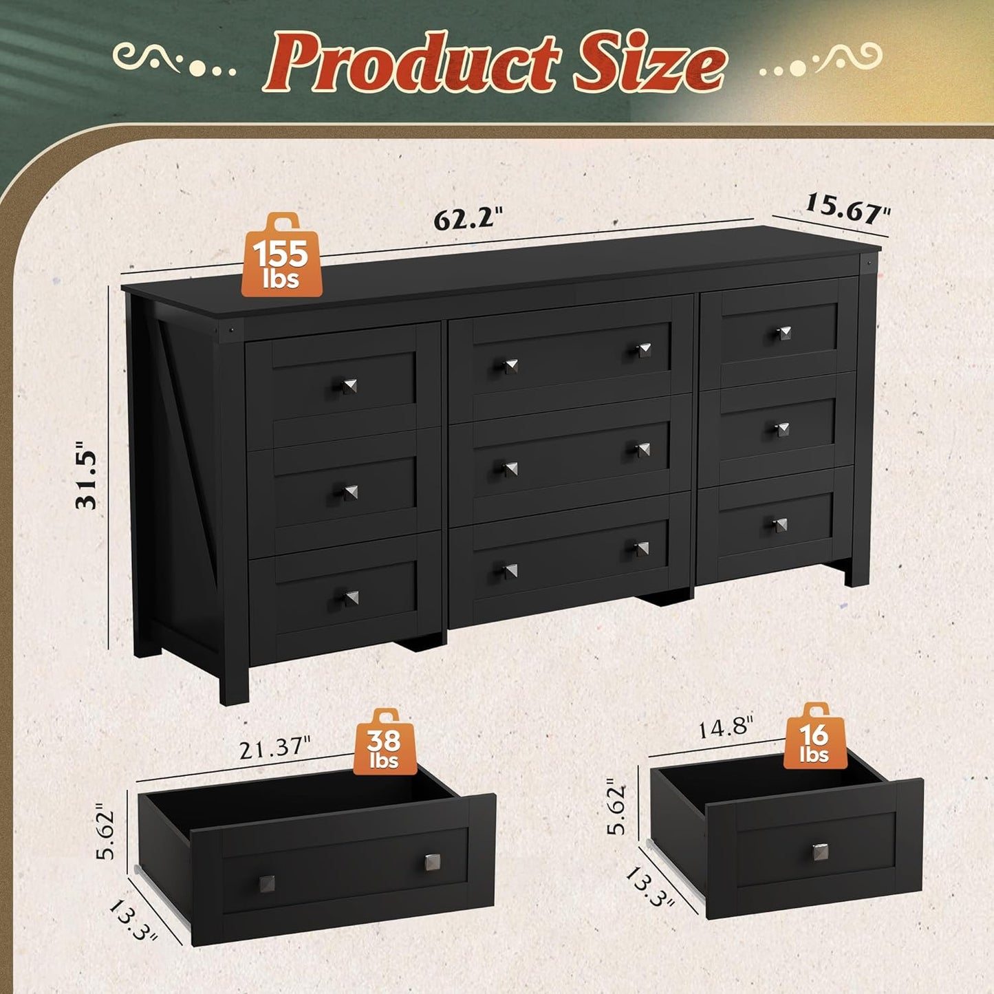 WLIVE Farmhouse Dresser for Bedroom, 63" Wide 9 Drawer Dresser Storage Organizer, Wood Chest of Drawers for Bedroom, TV Stand for 70 inch TV, for Living Room, Hallway, Ball Bearing Slide (Black)