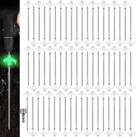 Hicarer 60 Pcs 20 Pcs 8'' Screw in Tent Stakes Heavy Duty Ground Metal Stakes for Inflatables with Hex Head Driver for Outdoor Camping Tent Inflatable Garden Decor (Luminous White)