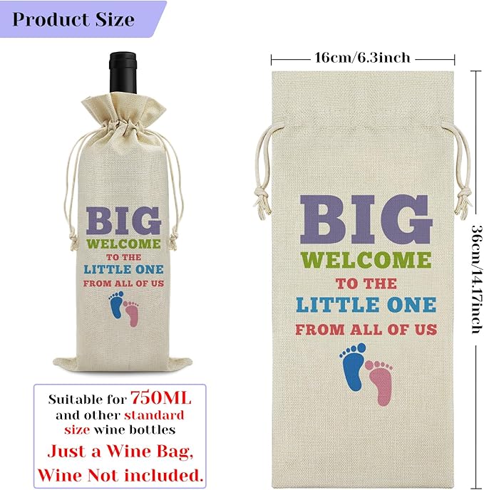 Welcome Baby Wine Bag New Baby Birth Gift for Friends Sister Baby Announcement Gift for Mom Dad Baby Girl Baby Boy Gift Drawstring Wine Wrapping Bag Baby Shower Decors Reusable Burlap Wine Gift Bag