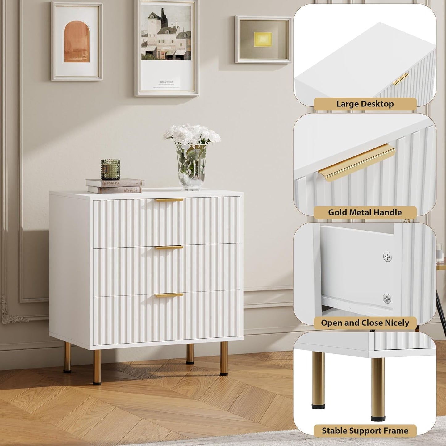 White 3 Drawer Dresser for Bedroom, Fluted Modern Nightstand with Deep Drawers, Chest of Drawers with Wide Top, Wooden Dresser Organizer, Side Table for Living Room, Hallway, Kids Room