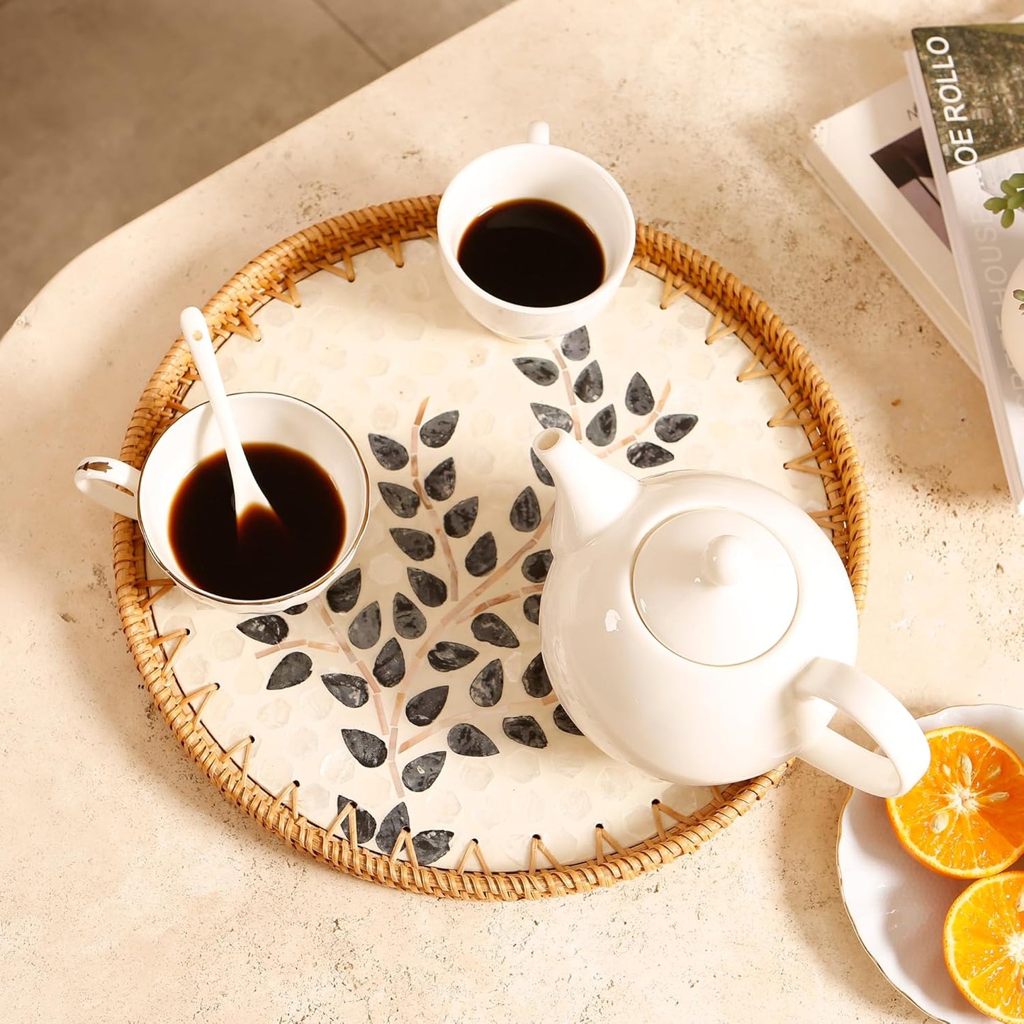 Round Rattan Tray with Mother of Pearl Inlay & Wooden Base - Decorative Wicker Serving Tray for Coffee/Bread/Fruits, Food Storage & Display - Multipurpose Home Decor