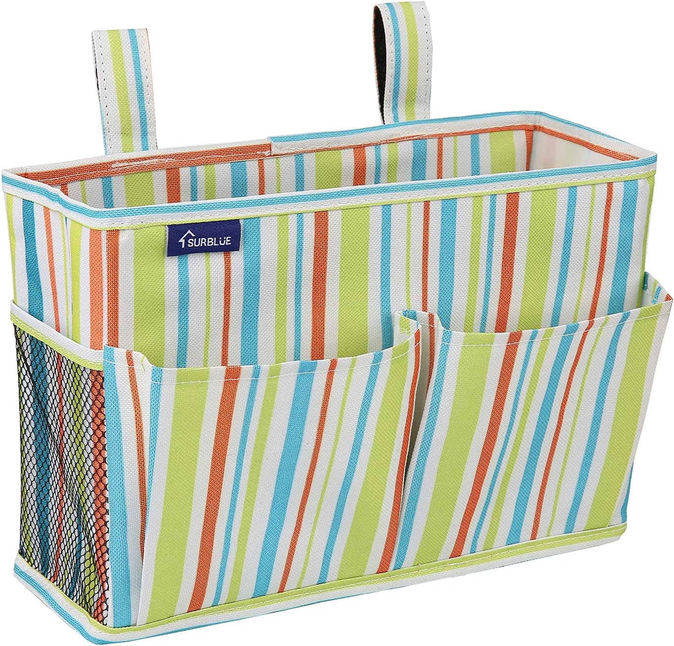 Surblue Bedside Caddy Hanging Bed Organizer Storage Bag Pocket for Bunk and Hospital Beds, College Dorm Rooms Baby Bed Rails,Wheelchair Side Bag,Camp Chiars,4 Pockets and 2 Hooks (Small GreenStripe)
