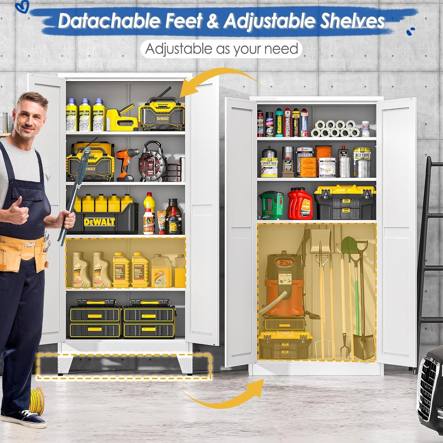 71" Tall Metal Storage Cabinet with 2 Doors and 4 Adjustable Shelves, Kitchen Pantry Cabinet White Freestanding Cupboard, 5 Tier Multifunctional Steel Storage for Office, Kitchen, Dining Room