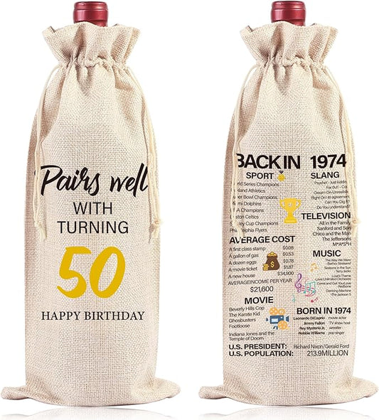 Funny Birthday Wine Bag Gifts - 50th Birthday Gifts 50th Birthday Gift Ideas for Women Men Birthday Gift Red Wine Bag Birthday Party Decor Drawstring Burlap Wine Bottle Bag