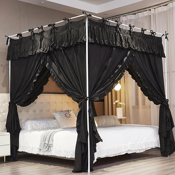 Ruffle Lace up 4 Corners Post Princess Curtain Bed Canopy Cozy Breathable Mosquito Net Cloth for Girls Adults Bedroom Decoration (Black, 53" W*78" L*82" H/Full)