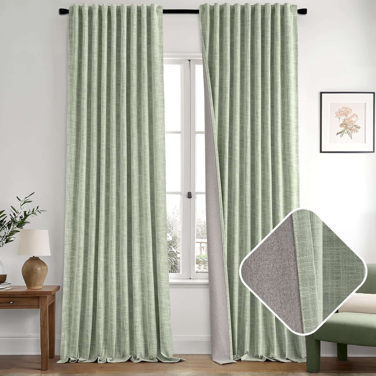 MIULEE Sage Green 100% Blackout Linen Curtain 96 Inch 2 Panel Set Double Sided No Coating Pinch Pleated Back Tab Floor to Ceiling Black out Thermal Insulated Bedroom Living Room Darkening Window Drape