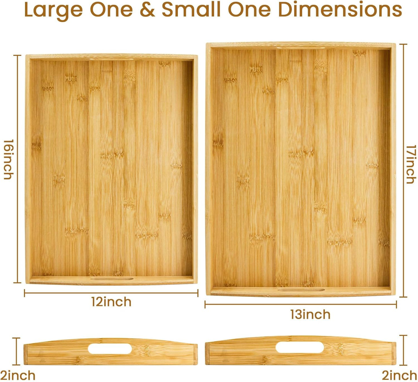 GOLD HONEY Bamboo Serving Tray with Handles Set of 2 - Decorative Wooden Tray for Living Room, Bathroom, Suitable for Used in Bedroom, Kitchen, Coffee Table, Working and Storing - 17x13in, 16x12in