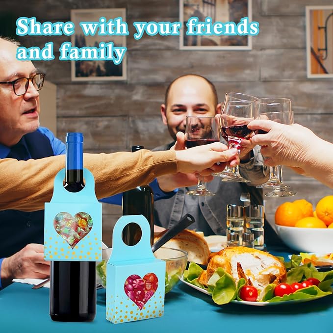 ISKYBOB 25 Pieces Wine Bottle Box with Window, Kraft Paper Wine Boxes for Gifts Hanging Wine Bottle Gift Box Foldable Wine Bottle Hanger Favor Box for Holding Candy Truffles Chocolate Cookies (Blue)