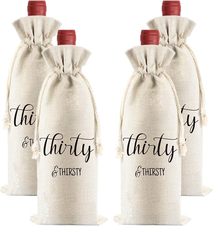 PLIGREAT 4 Pcs Cotton Linen Wine Bags, Reusable Wine Gift Bags with Drawstrings, Wine Bottle Wrap Bags Bulk Congrats Gifts Bags for 30th Birthday Party Thanksgiving Christmas Gifts Bags