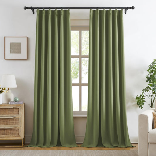 KangBang 2 PCs Sage Green Pleated Window Curtain Panels for Hall Windows, Pinch Pleat Black Out Thermal Insulated Curtains & Drapes Ceiling to Floor for Villa Cottage with Hooks Track System,40x120