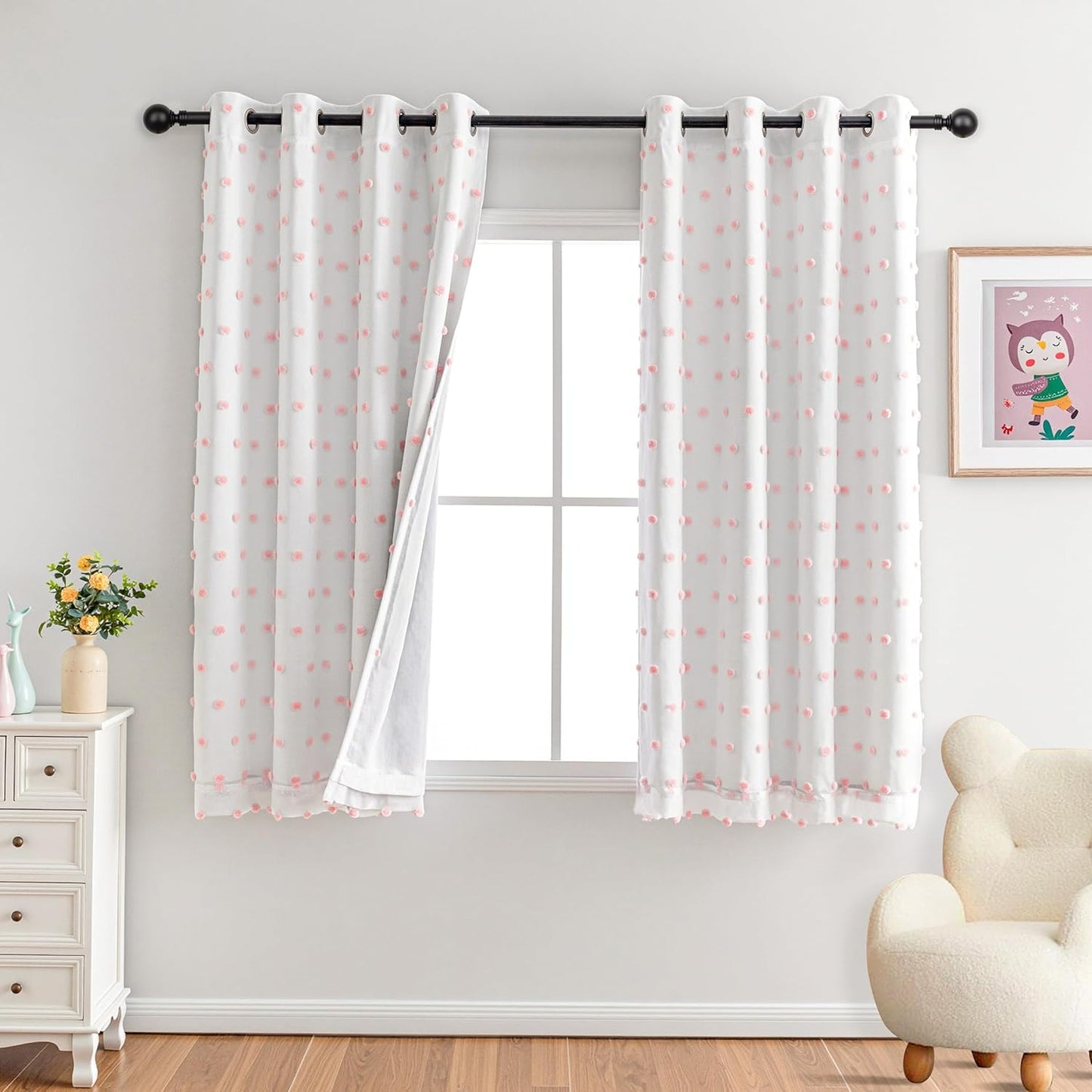 MYSKY HOME Pink Pom Pom Blackout Curtains for Girls Bedroom 63 Inch Long 100% Blackout Curtains for Kids Room 2 Panels Room Darkening Small Window Treatment Grommet 2 Layered Drapes Toddler 52W x 63L