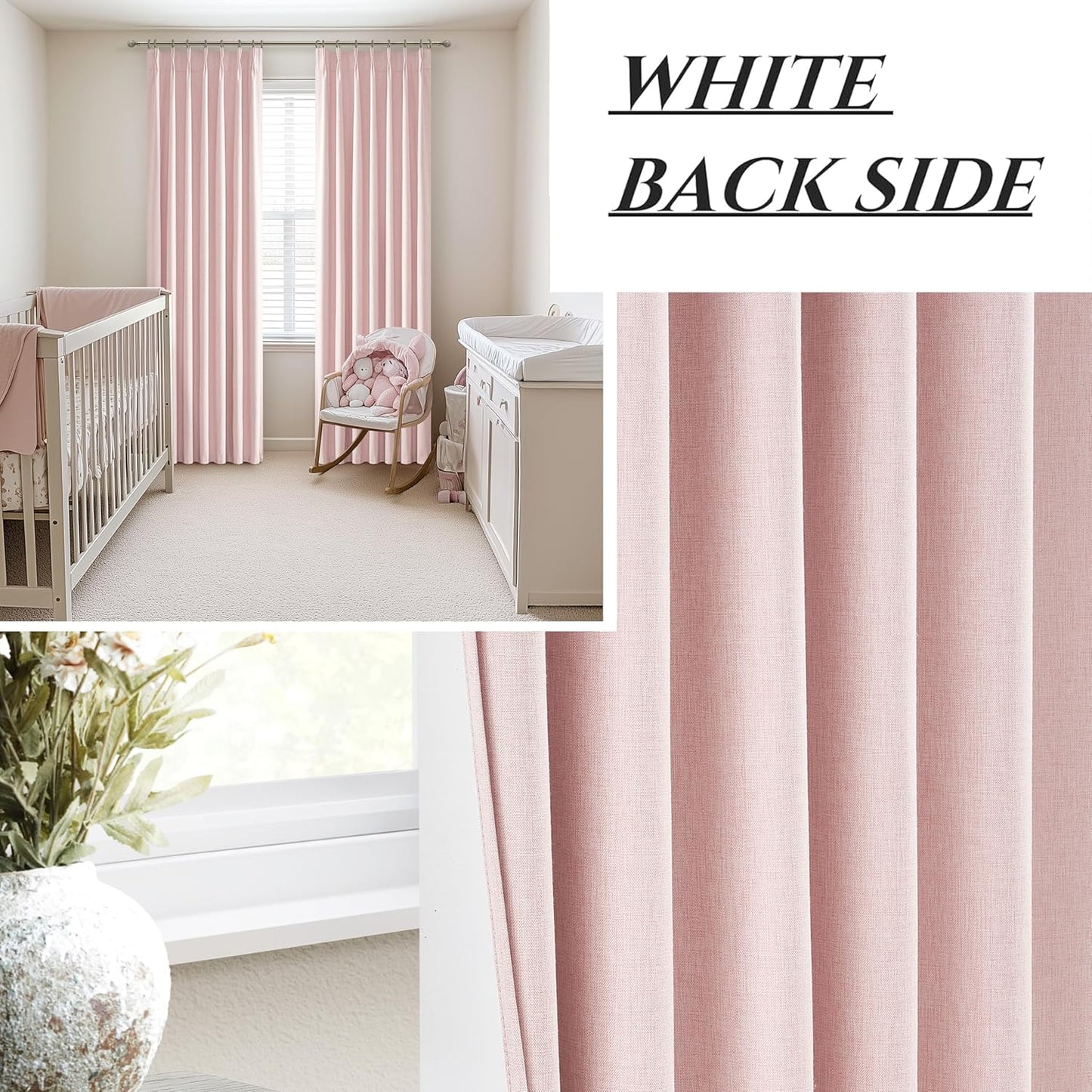 Baby Pink Black Out Curtains 96 Inch Long for Grils Bedroom 2 Panels Set, Cute Pinch Pleat Flax Linen Room Darkening Window Drapes with Back Tab for Dining Room Insulated Soundproof Curtain 96 Inches