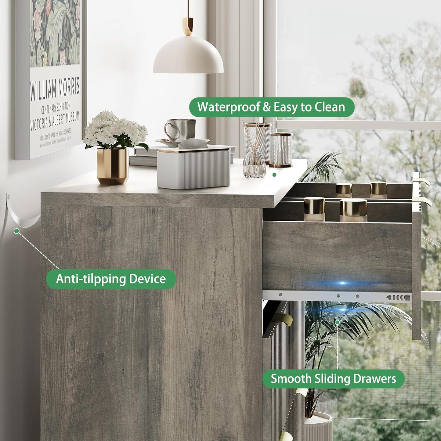 Fluted Dresser for Bedroom with 6 Drawers, 46" Tall Modern Chest of Drawers with Metal Handle, Wooden Dresser TV Stand, Wood Closet Clothes Storage Organizer for Living Room, Hallway, Grey