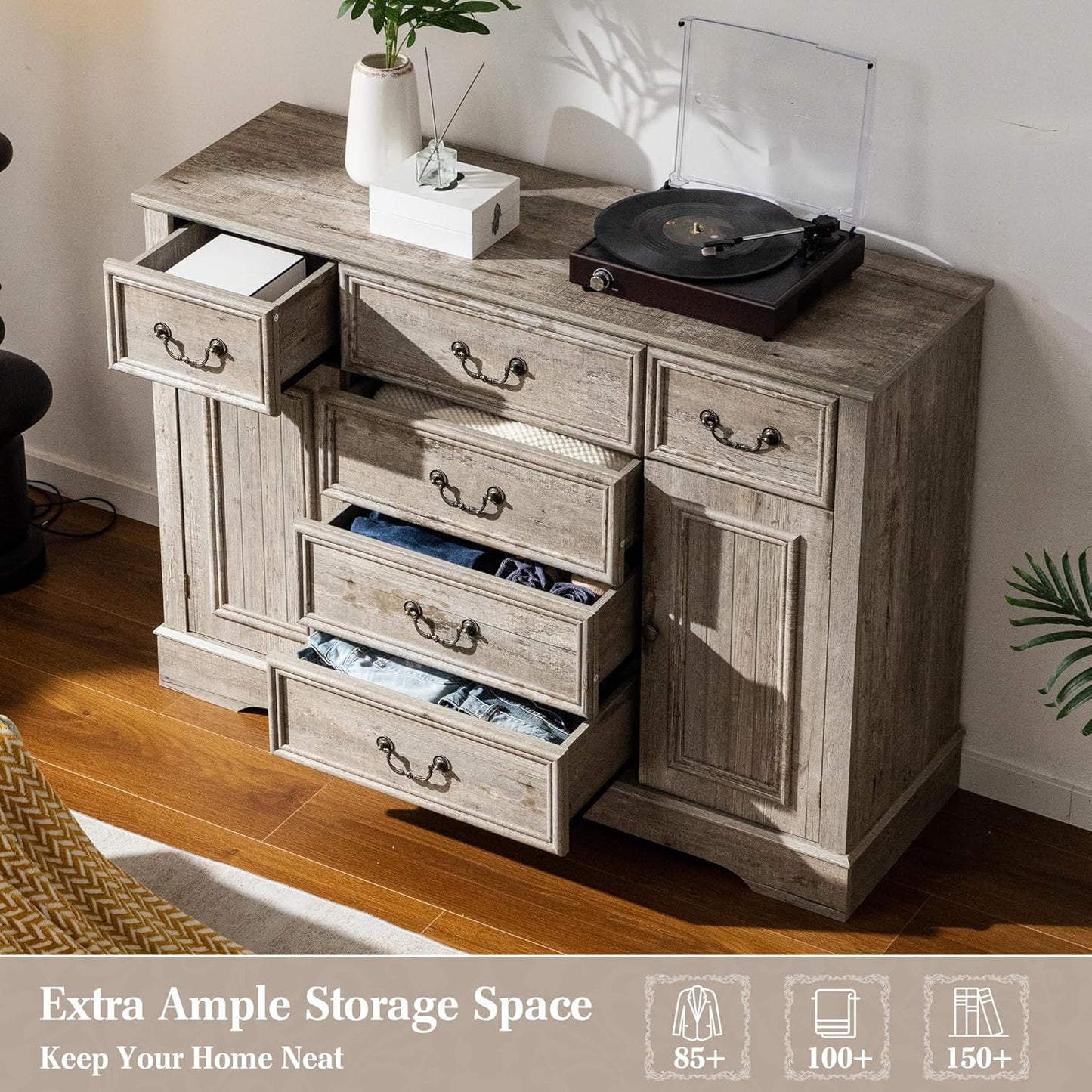 EnHomee Dresser for Bedroom with 6 Drawer & 2 Doors Wood Dressers & Chests of Drawers Farmhouse TV Stand,Entryway,Light Rustic Oak