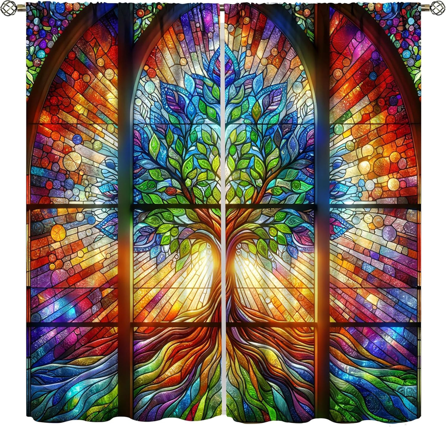 Stained Glass Curtains,Tree of Life Colorful Abstract Art Home Decor Drapes for Bedroom Living Room Kitchen Window Treatment 2 Panels Set Total Size 84" W X 84" L Inch