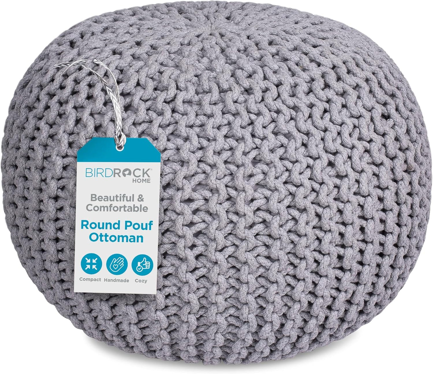 BIRDROCK HOME Round Pouf Ottoman | Cotton Braided Foot Stool with Bean Bag Filling | Boho Foot Rest for Living Room & Bedroom | Compact & Comfortable Seating, Lightweight & Soft | Light Grey