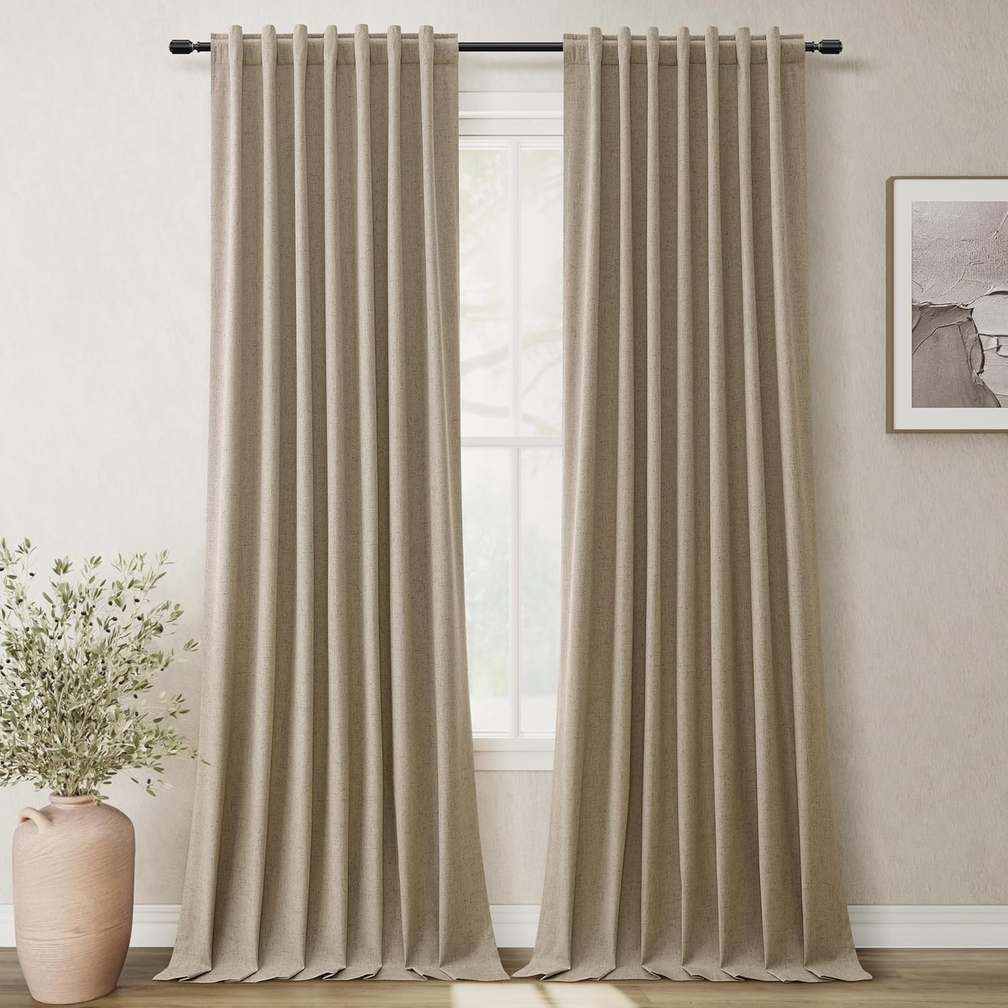 BOODII Room Darkening Curtains Khaki Black Out Curtains 96 Inches Long 2 Panel Set Back Tab Neutral Linen Curtain for Sliding Door Modern Farmhouse Living Room Blackout Drapes Soundproof 52x96
