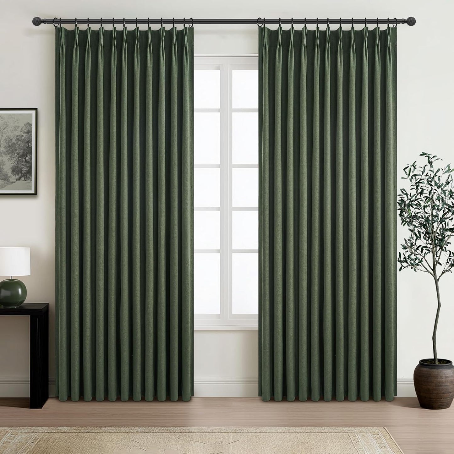 Pinch Pleated Blackout Curtains 70 Inches Extra Wide for Living Room, Sliding Glass Door Linen Blend Olive Green Viral Large Window Thick Heavy Duty Thermal Soundproof Drapes(70"Wx96"Lx2Panels Loden)