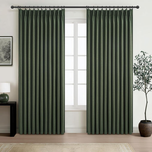 Curtains 70 Inch Length Extra Wide Pinch Pleated Blackout Curtain for Sliding Glass Door/Living Room, Farmhouse Olive Green Thick Heavy Duty Insulated Large Window Drapes (70"Wx90"Lx2Panels Loden)