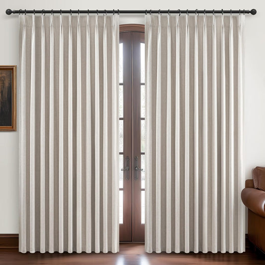Curtains 70 Inch Length Wide Pinch Pleated Blackout for Sliding Glass Door, Farmhouse Natural Linen Thick Thermal for Summer Heat/Sound Noise Reducing Heavy Large Window Drapes (70"Wx120"Lx2Panels)