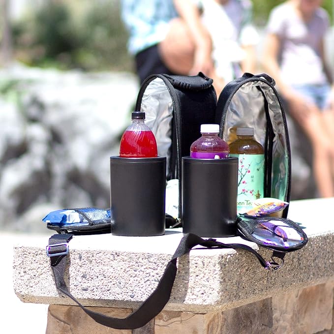 CaddyO Dual Travel Tote with 2 Wine Chillers, adjustable shoulder strap, 6 storage pockets, Sommelier Bottle Opener, 3 layers insulation. Zips apart - becomes two individual totes.