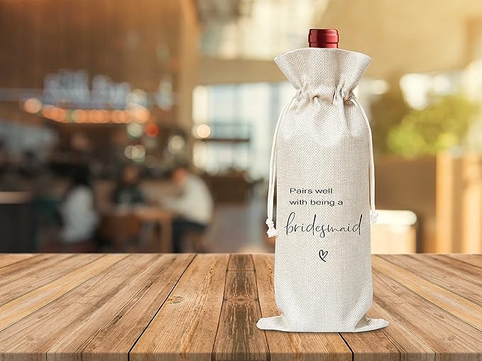 Bridesmaid Gifts Wine Bag - Gift For Bridesmaids, Bridal Shower, Engagement, Bachelorette Party Favor - Cotton Burlap Wine Bag (1 Pcs) - WB032