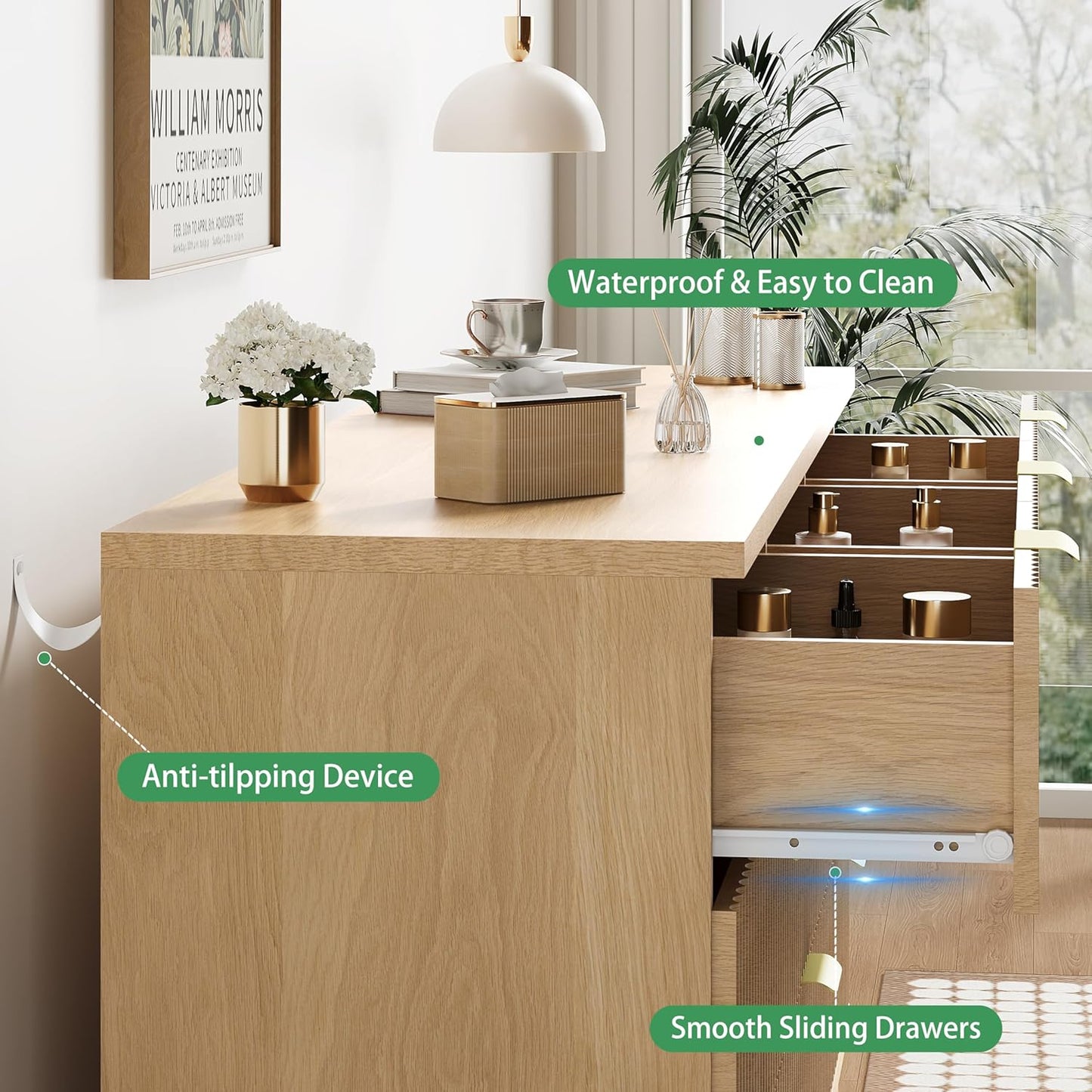 Fluted Dresser for Bedroom with 9 Drawers, 57" Wide Modern Chest of Drawers with Metal Handle, Wooden Dresser TV Stand, Wood Closet Clothes Storage Organizer for Living Room, Hallway, Natural Oak