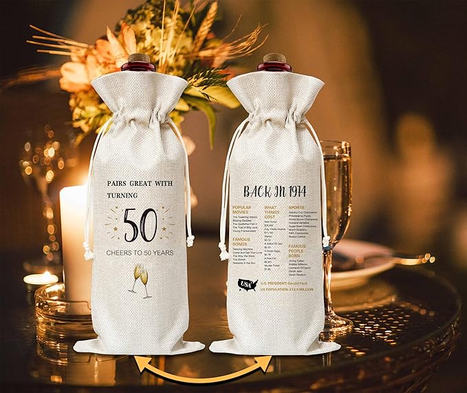 50th Birthday Wine Gift Bag, Cotton Burlap Wine Bags, 1974 Wine Bottle Cover Bag Birthday Gifts for Women, Men, Friends, Co-workers, Teachers, Mom, Dad, Antie, Uncle(05)