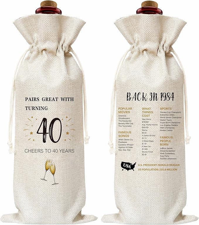 40th Birthday Wine Gift Bag, Cotton Burlap Wine Bags, 1984 Wine Bottle Cover Bag Birthday Gifts for Women, Men, Friends, Co-workers, Teachers, Mom, Dad, Antie, Uncle(06)