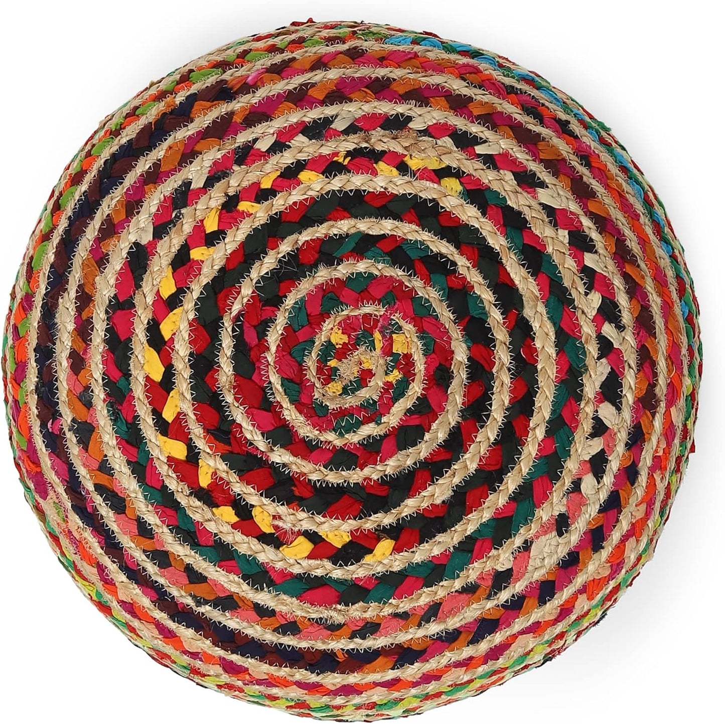 REDEARTH Round Pouf Ottoman - Braided Boho Poof Home Décor Pouffe Accent Sitting Circular Foot Rest for Living Room, Bedroom, Nursery, Kidsroom, Lounge; Jute and Cotton (19.5"x19.5"x14"; Multi)