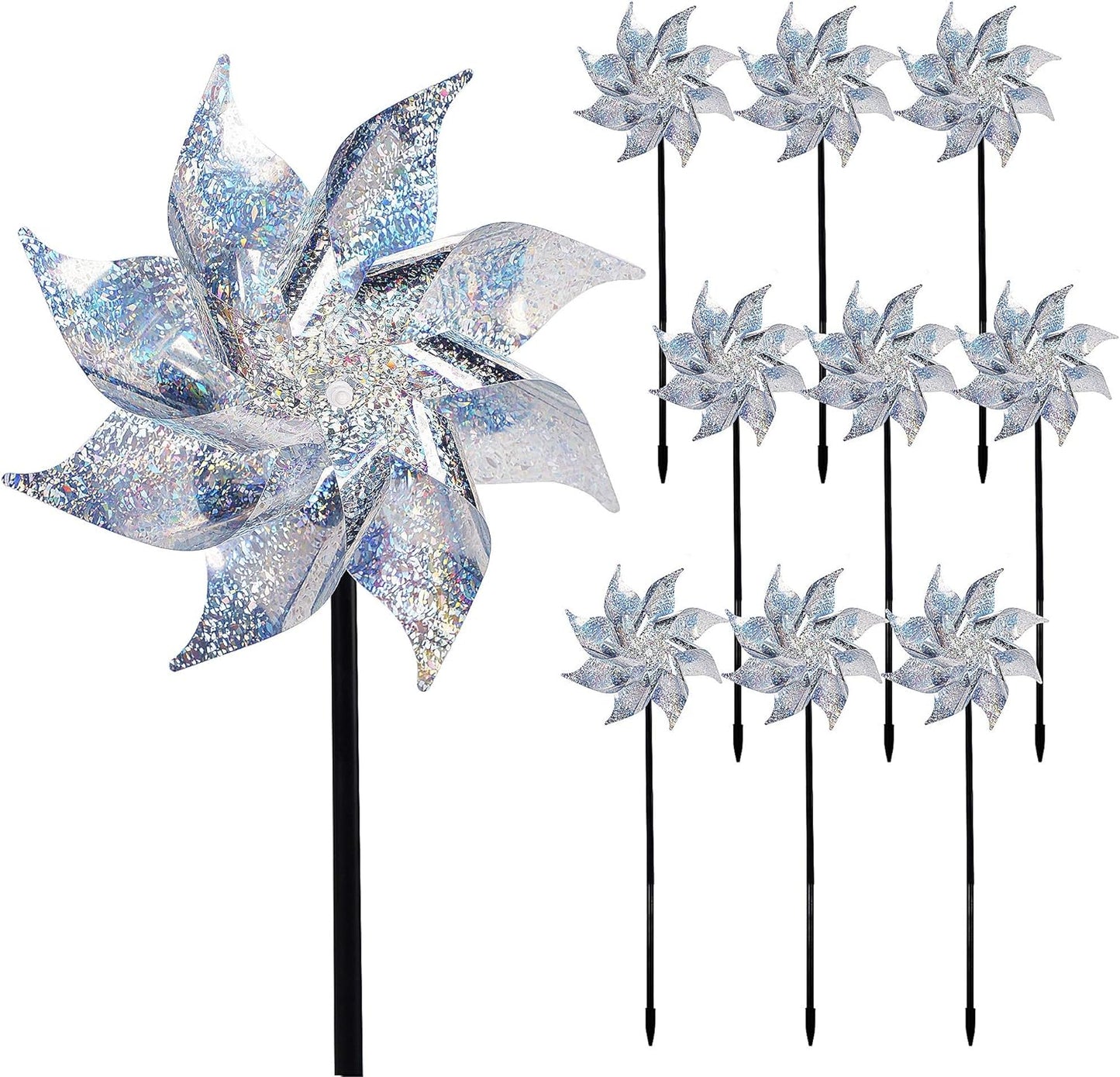 Hausse 10 Pack Reflective Pinwheels with Stakes (Assembly Required), Extra Sparkly Pin Wheel for Garden Decor, Bird Repellent Devices Deterrent to Scare Birds Away from Yard Patio Farm