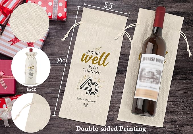 40th Birthday Wine Bag,Pairs Well With Turning 40 Happy Birthday,40th Gift Birthday Planning Gift,40th Gift Birthday Party,Birthday Decorations Wine Bag,Reusable Wine Bags With Drawstring,L15