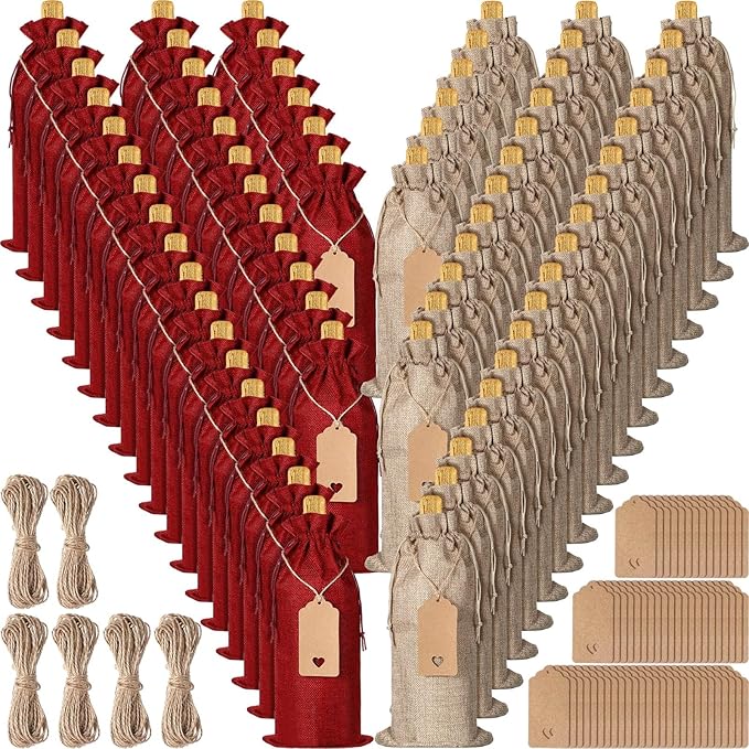 Berlune 72 Pcs Burlap Wine Bags Bulk Wine Bottle Gift Bag for Mother's Day Cloth Wine Bags, Reusable Wine Gift Bags with Drawstrings Tags for Wine Bottles for Holidays Wedding Birthday Party Favors