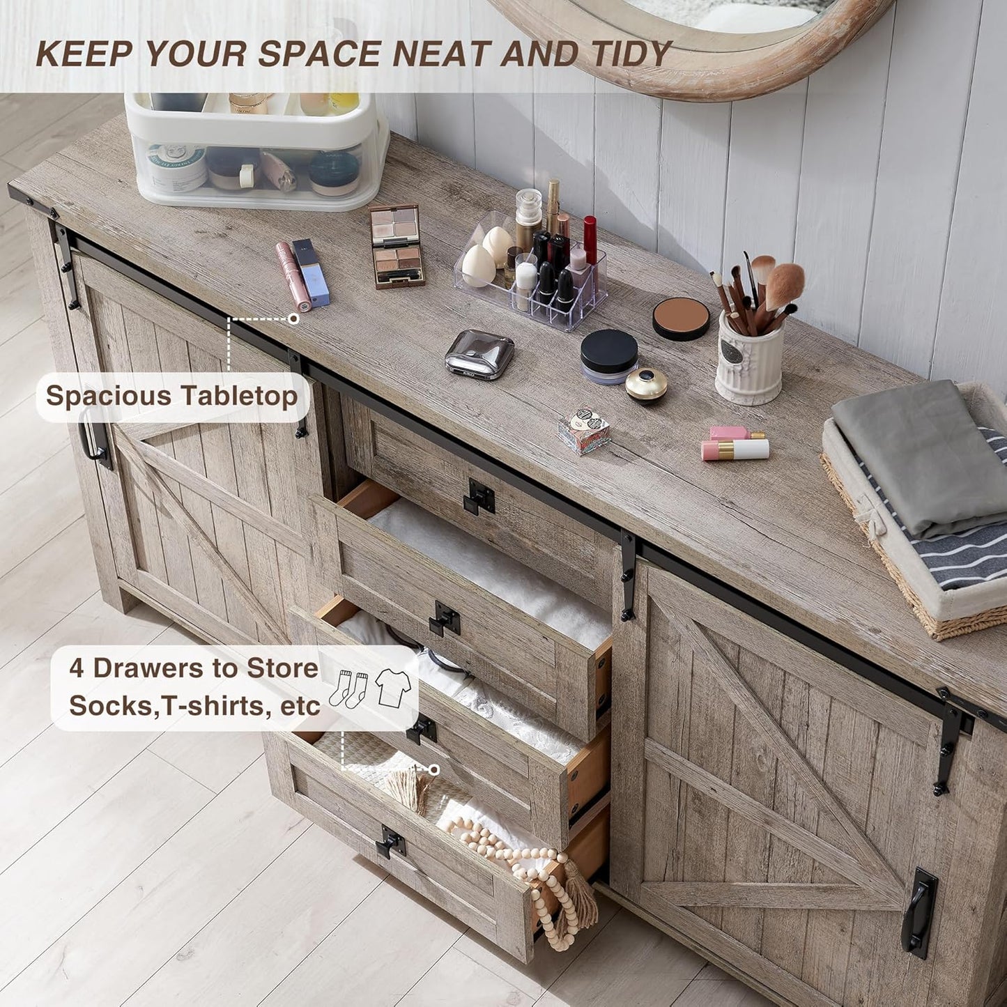 T4TREAM 60'' Farmhouse Dresser Chests for Bedroom w/4 Drawers & Sliding Barn Doors, Tall Chest of Drawers, Rustic Dresser TV Stand,Organizer for Bedroom, Living Room, Light Rustic Oak