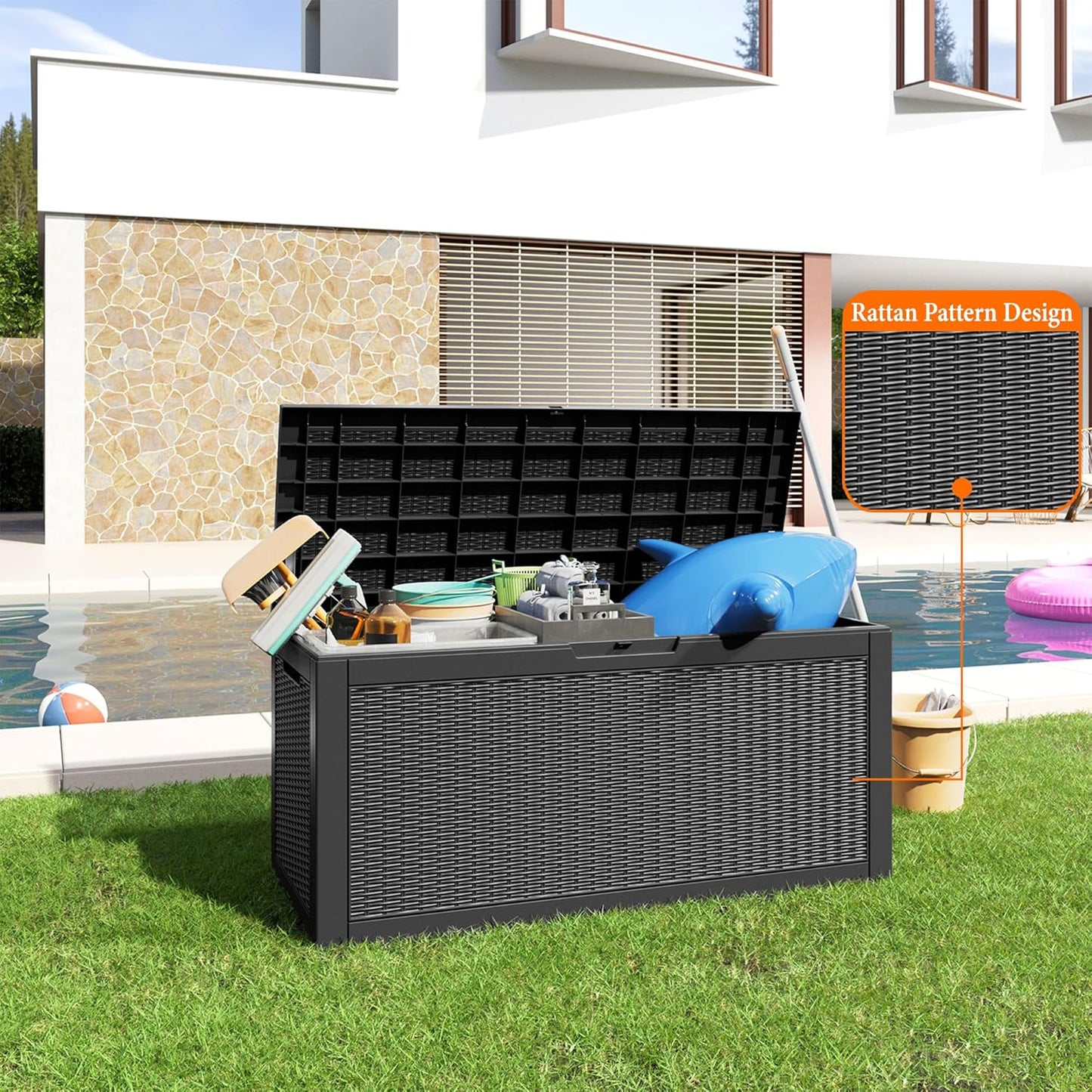 100 Gallon Resin Deck Box, Lockable Patio Outdoor Storage Box for Furniture, Garden Tools and Tools Storage, Waterproof Outside Storage Boxes - Black