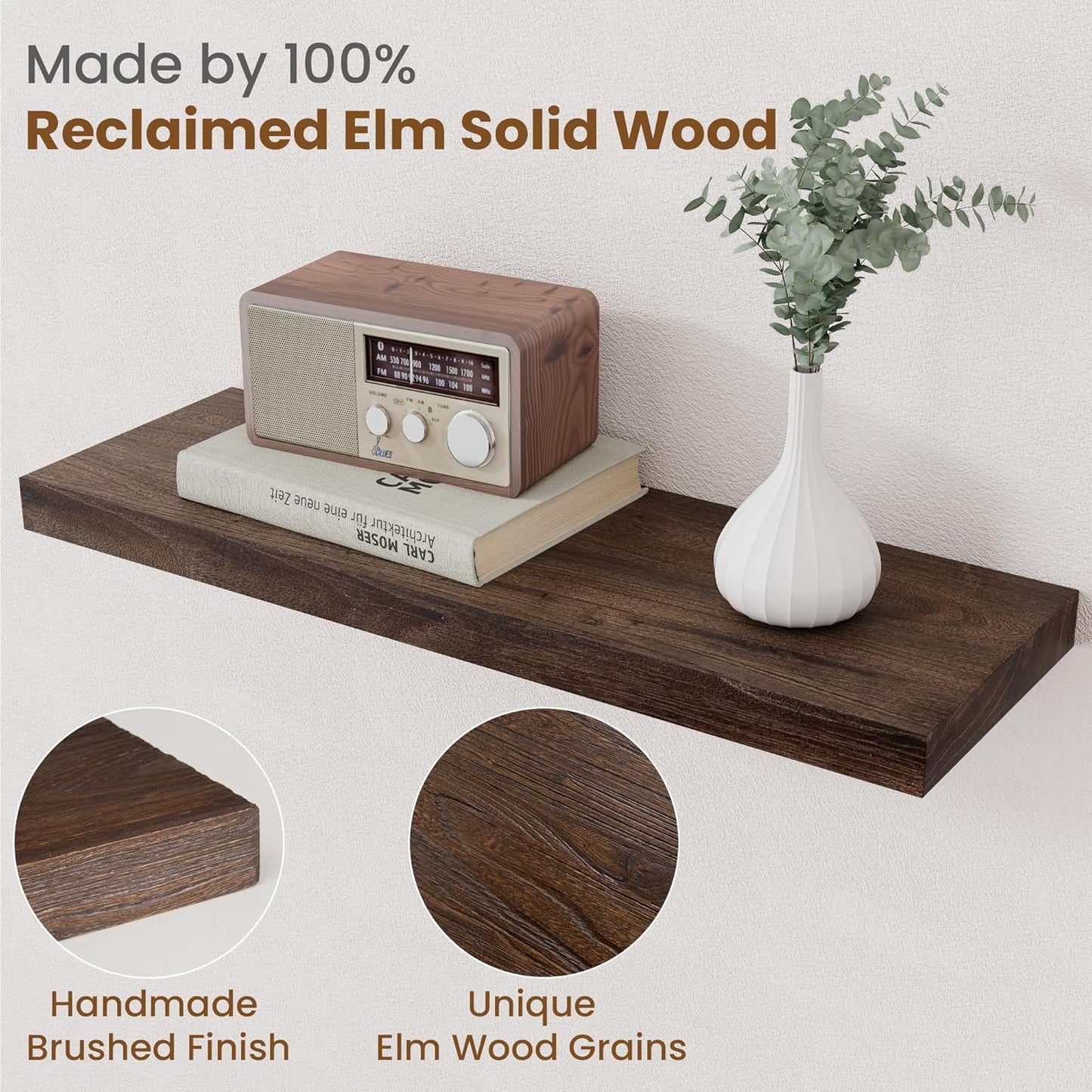 Floating Shelves for Wall Decor, 8 Inch Deep Rustic Solid Elm Wood Floating Shelves Wall Mounted, Wall Shelves with Invisible Bracket for Living Room Bathroom Bedroom Kitchen, 24 Inch Set of 2, Walnut