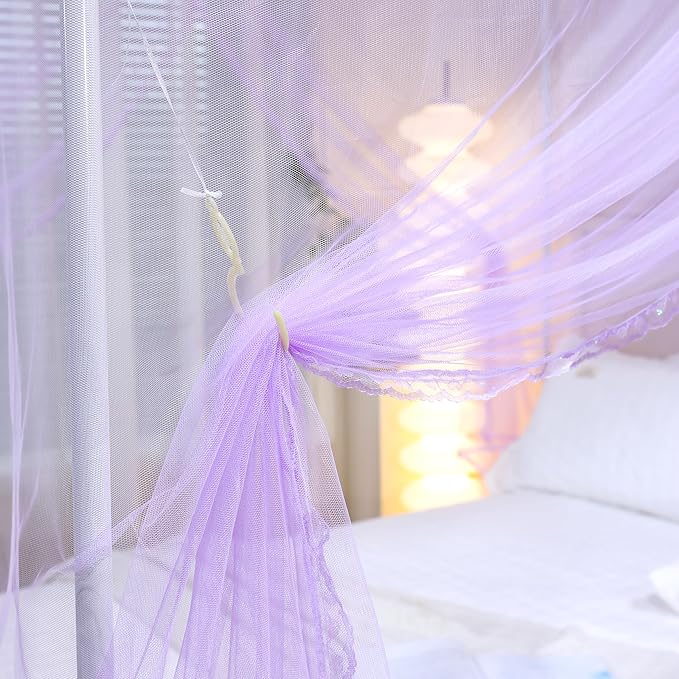 Bed Canopy, Princess Bed Curtain Net for Girls & Adults，Three-Doors Rectangle Lace Dome Netting (Purple, Queen)