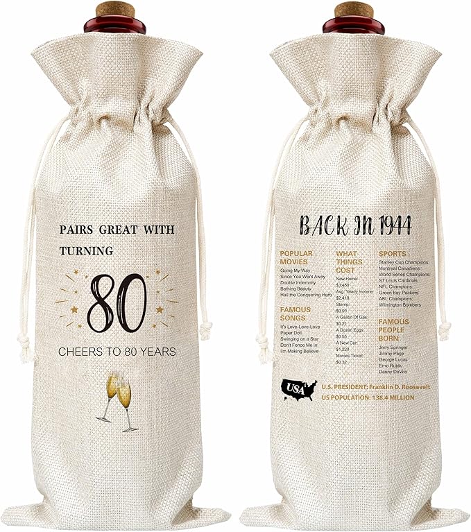80th Birthday Wine Gift Bag, Cotton Burlap Wine Bags, 1944 Wine Bottle Cover Bag Birthday Gifts for Women, Men, Friends, Co-workers, Teachers, Grandpa, Grandma(02)