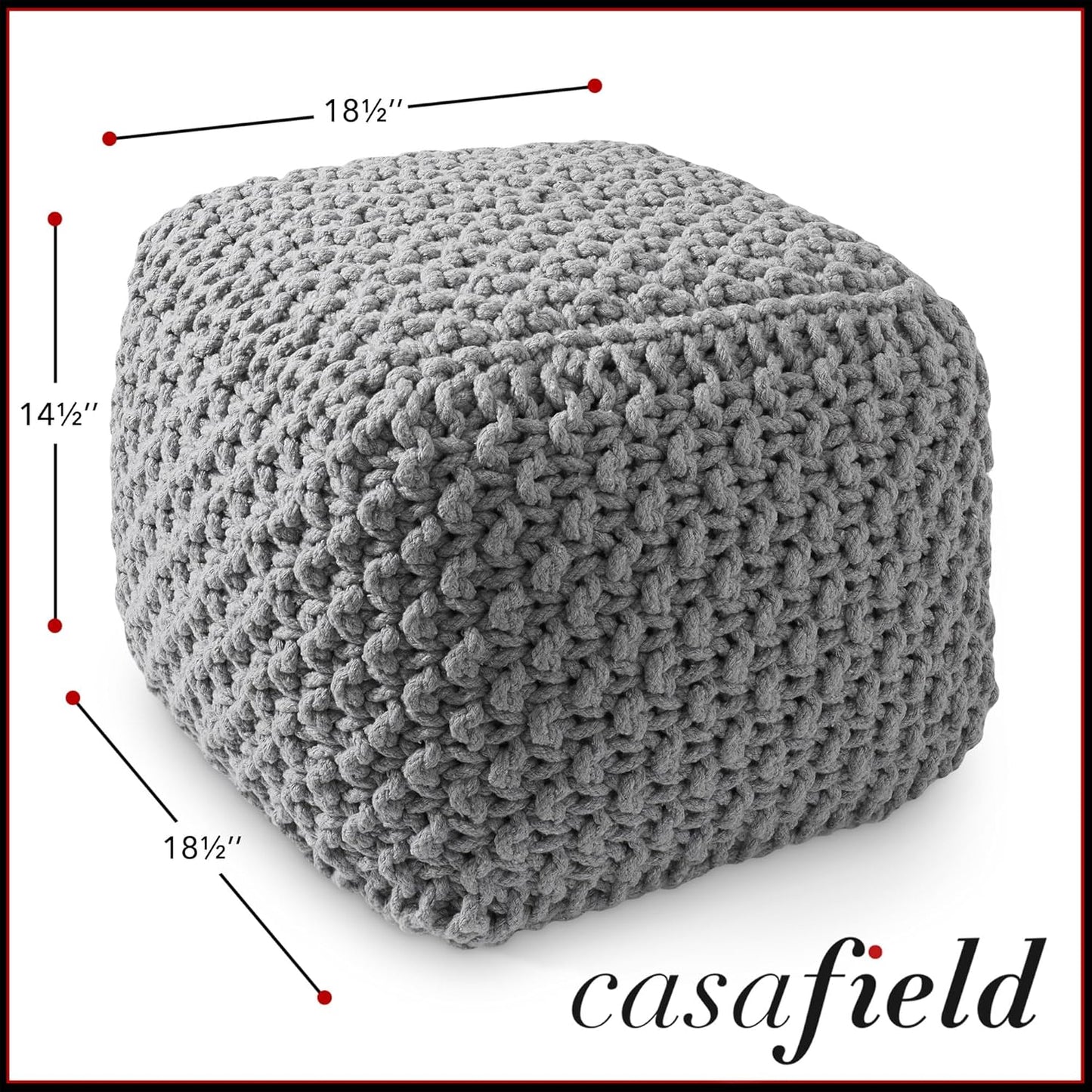 Casafield Square Pouf Ottoman, Light Gray 18.5" W x 18.5" D x 14.5" H Cotton Knit Foot Stool - Boho Floor Pouffe for Living Room, Bedroom, Home Office