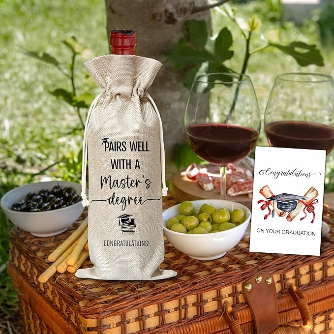 Xanev Masters Degree Graduation Gifts For Women Man, Graduation Drawstring Wine Gift Bag, Pairs Well With A Bachelor's Degree, Graduation Party Decoration Supplies Favors, B16