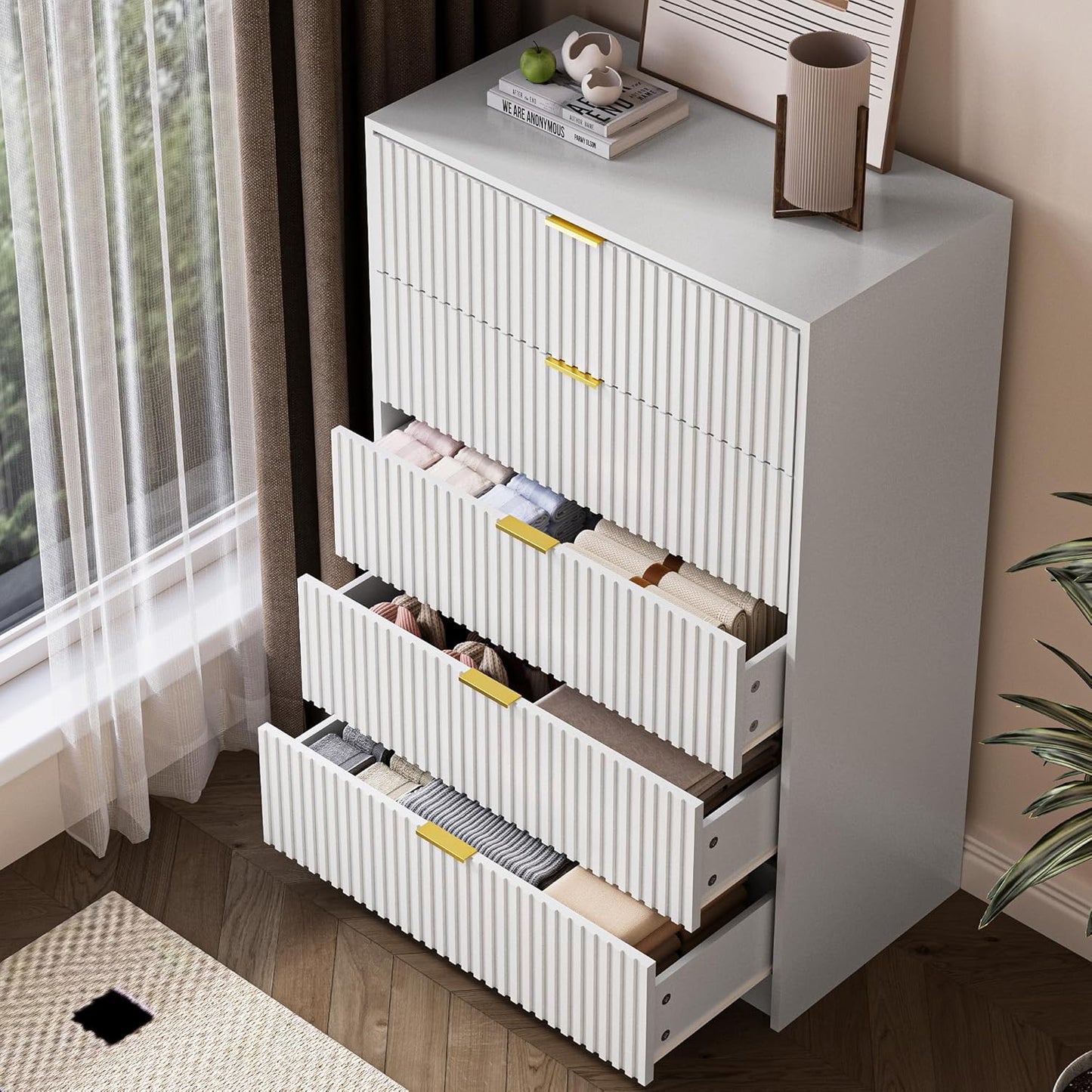 5 Drawer Dresser for Bedroom, Tall Dresser Chest of Drawers with Gold Handles, 32 Inch Wide Nightstand with for Bedroom, Living Rooms, Offices, and Entryways, White